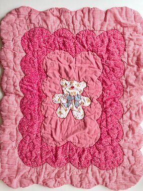 Vintage Handmade Red Gingham Floral Teddy Bear Cotton Voile Quilt Baby Blanket
